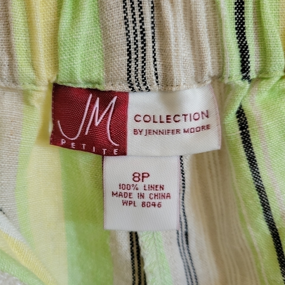 JENNIFER Moore 100% Linen Wide Leg Pant Cropped Tan Green Stripe 8 Petite Medium - Picture 3 of 9
